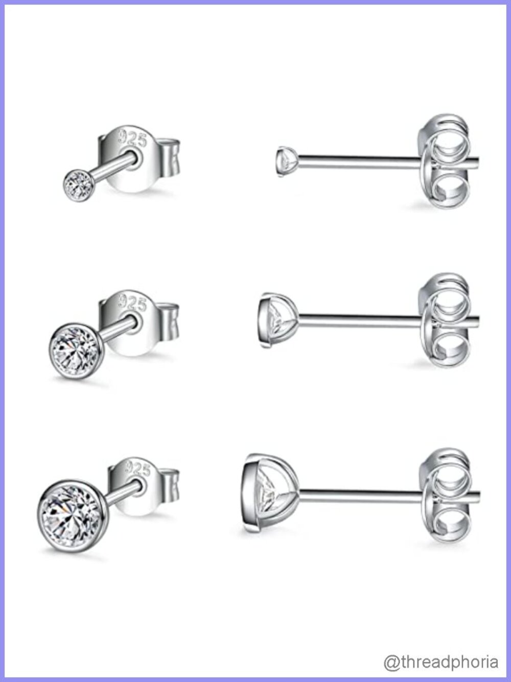 Sterling Silver Stud Earrings 3 Pairs Tiny Round Cubic Zirconia Set